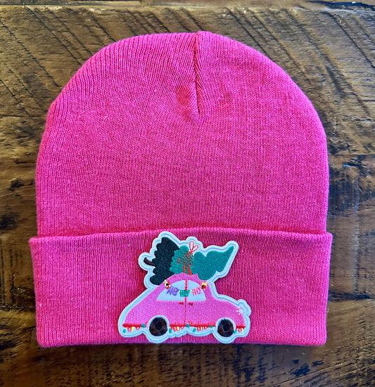 Knit Beanie - Pink Car with Tree