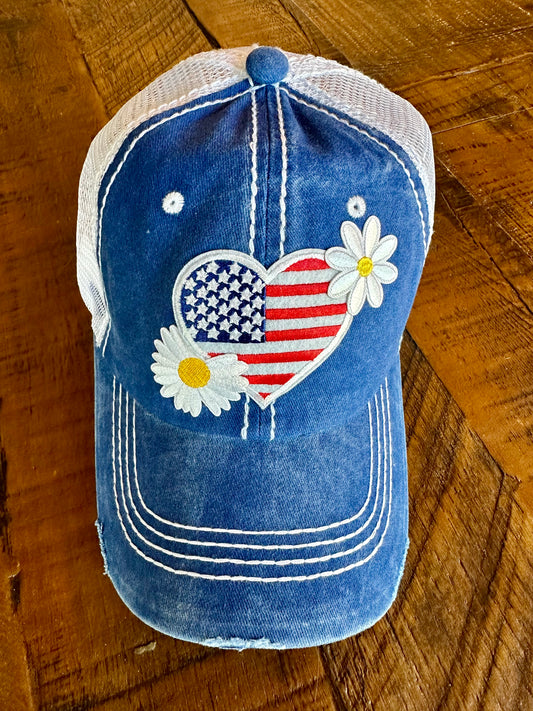 Baseball Hat - Heart flag with daisies